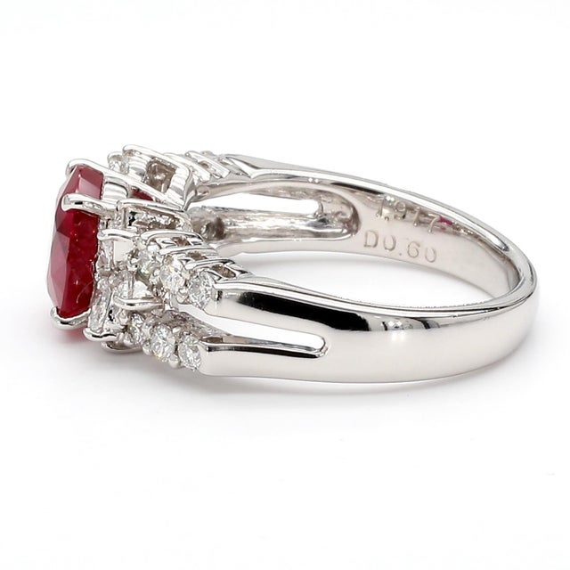 Gia Certified 2 Carat Burma Ruby Diamond Platinum Cocktail Ring, Size 5.75 For Sale - Image 4 of 13
