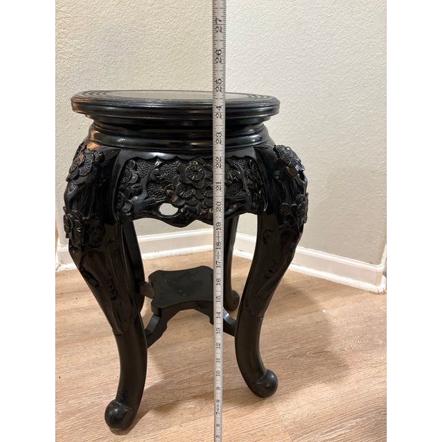 Vintage Mid 20th Century Asian Hand-Carved Ebonized Wood Plant Stand / Accent Stool / Side Table For Sale - Image 12 of 12