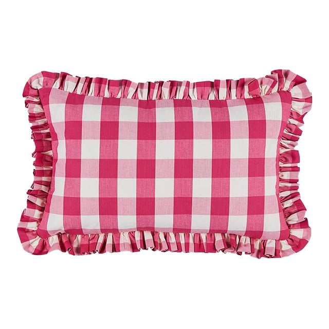 Schumacher Camden Cotton Check 22" Lumbar Pillow in Magenta For Sale