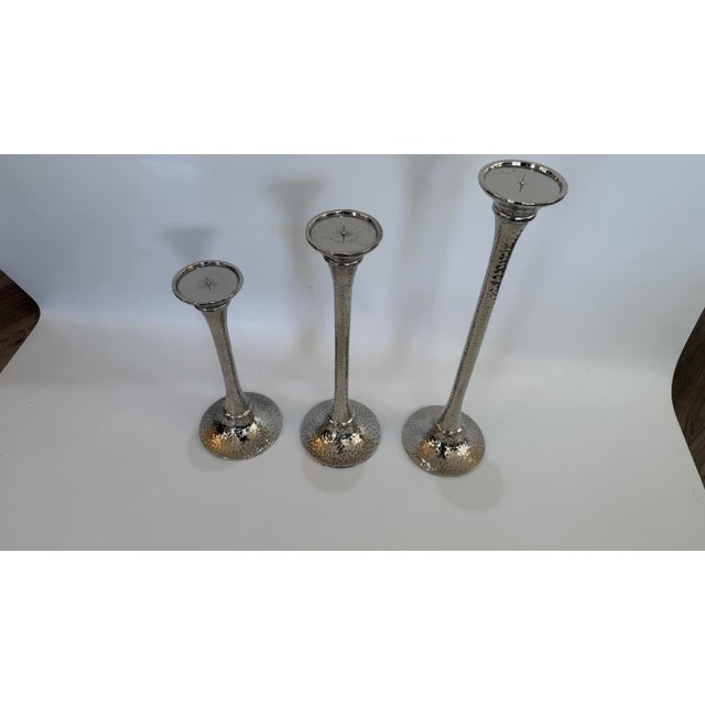 Set of Three Arteriors Home Hammered Nickel Candlesticks For Sale - Image 11 of 11