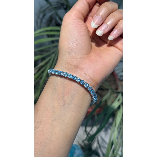 Early 21st Century 20 CTTW Blue Topaz Tennis Bracelet in 925 Sterling Silver 7 Inch For Sale - Image 4 of 13