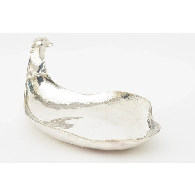 Metal Vintage Hand Hammered Silver Plate Monumental Scalloped Serving Bow With Duck Neck,1980's For Sale - Image 7 of 11