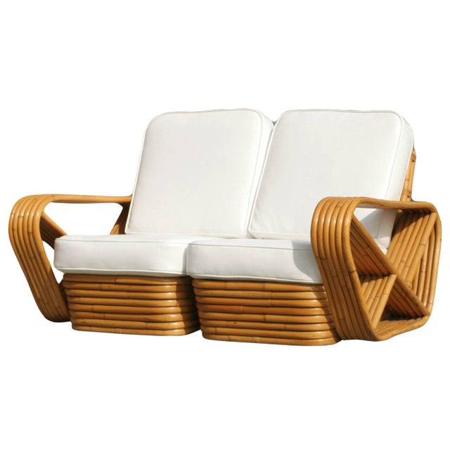 Restored Vintage Paul Frankl Six-Strand Square Pretzel Stacked Rattan Loveseat For Sale