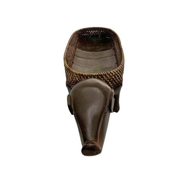 Pig Serving Tray Carved Wood With Wicker Rim Vintage French Country Decor For Sale In Tulsa - Image 6 of 9