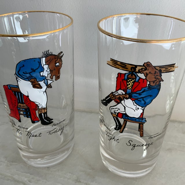 Vintage Ned King for Carwin Gilt-Rimmed Humorous Equestrian Highball Glasses - Set of 8 For Sale - Image 4 of 8