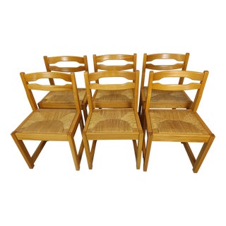 Vintage Elm Straw Chairs from Maison Regain, 1970s, Set of 6 For Sale