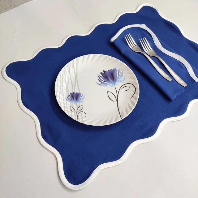 Modern Handmade Scalloped Placemats, Dark Blue with White Piping - Set of 4 For Sale - Image 3 of 5