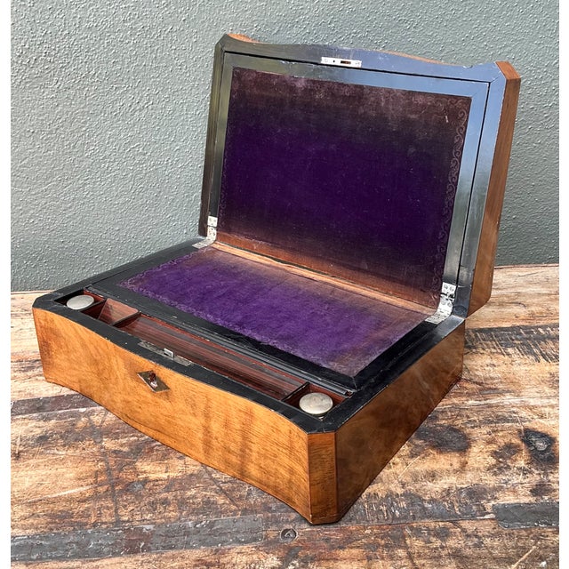 Vintage Wood Inlay Writing Desk With Inkwells For Sale - Image 9 of 14