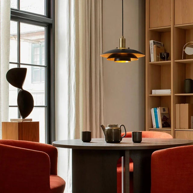 Mid-Century Modern Nova of California Rancho Mirage Small Pendant Light - Matte Black & Gold-Leaf Shade, Weathered Brass For Sale - Image 3 of 12