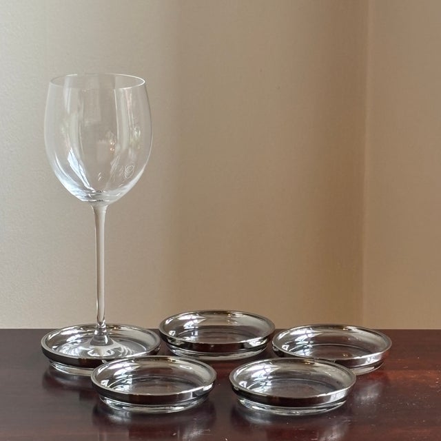 Metal Vintage Dorothy Thorpe-Style Clear Glass Coasters With Silver-Toned Metal Rims – Set of Five For Sale - Image 7 of 13