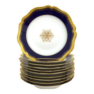 Ten French Limoges Cobalt Blue Porcelain Soup Bowls With Gold Trim C1900 For Sale