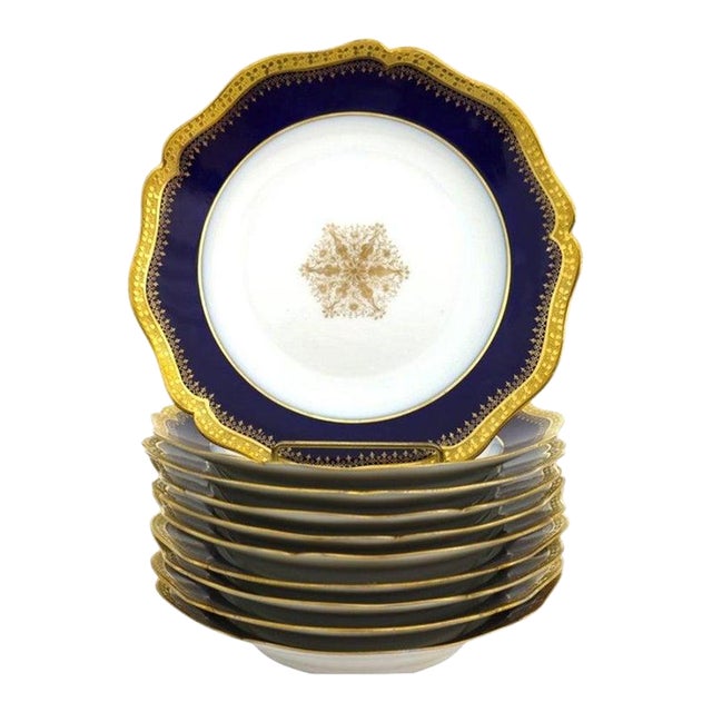 Ten French Limoges Cobalt Blue Porcelain Soup Bowls With Gold Trim C1900 For Sale