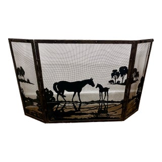 Firescreen With Equine Motif of Mare And, Foal, 3 Panel Mesh and Iron., 54" Wide X 30.5" High For Sale