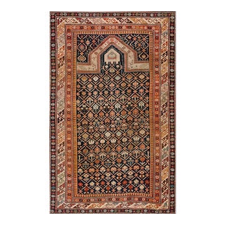 1890s Brown Geometric Antique Caucasian Shirvan Islamic Prayer Rug 3' X 5' Knotted Wool Carpet For Sale