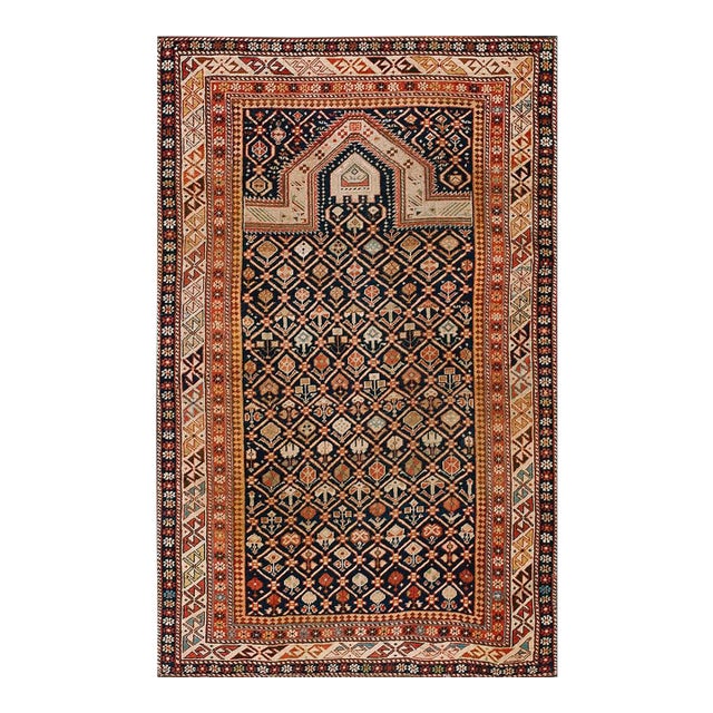 1890s Brown Geometric Antique Caucasian Shirvan Islamic Prayer Rug 3' X 5' Knotted Wool Carpet For Sale