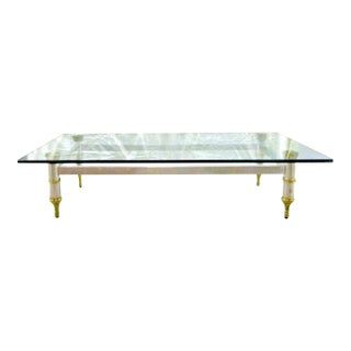 1960's Maison Jansen 78" Aluminum With Brass Accent Thick Beveled Glass Cocktail Table For Sale