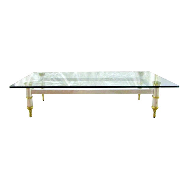 1960's Maison Jansen 78" Aluminum With Brass Accent Thick Beveled Glass Cocktail Table For Sale