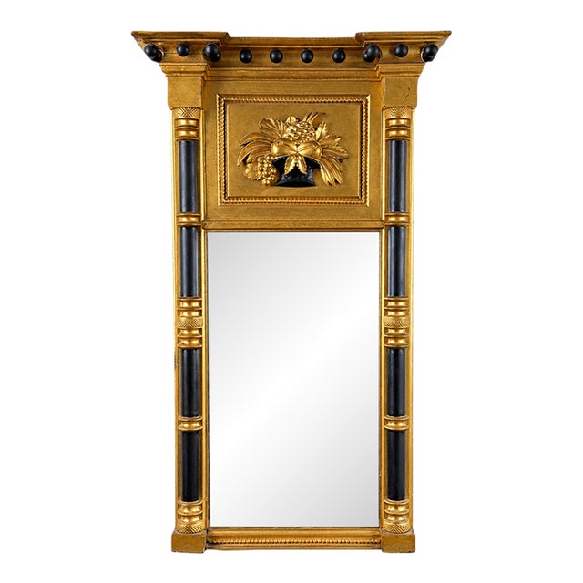 Massachusetts Federal Giltwood & Ebonized Pier Mirror With Fruit Basket, c.1820 For Sale