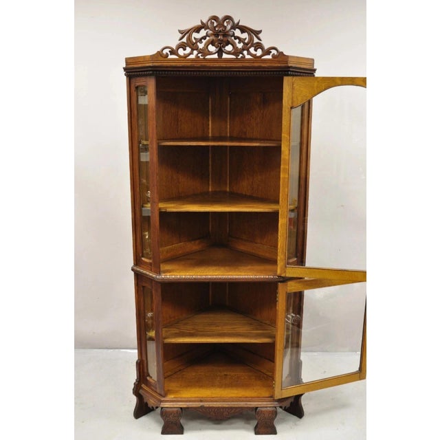 Antique Victorian Renaissance Oak Glass Door Carved Curio Corner China Cabinet For Sale - Image 4 of 12