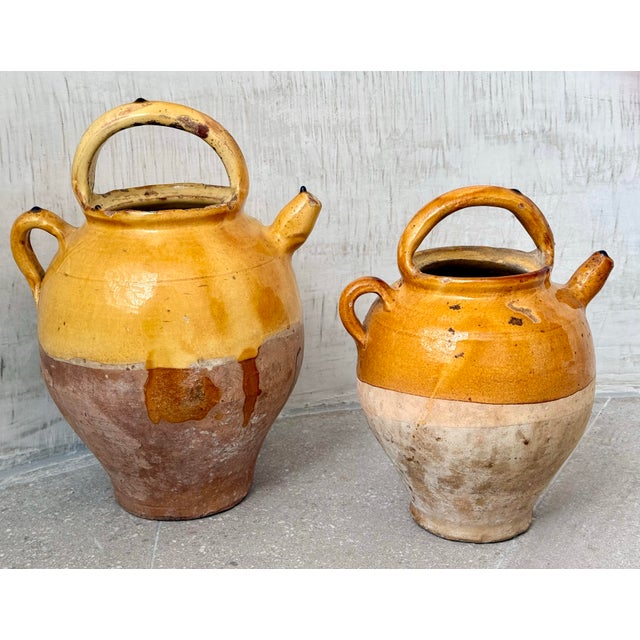 French 19th Century Antique Glazed Yellow Confit, Cruche Pot, Gargolette With Top Handle and Spout- A Pair For Sale - Image 9 of 12