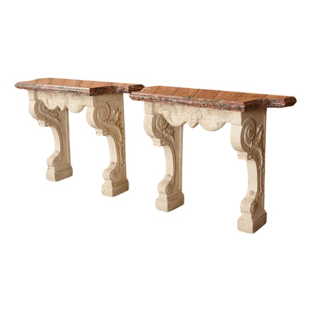 Pair of Dennis and Leen Hadrian Stone Marble Top Wall Consoles For Sale