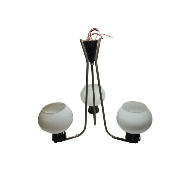 Metal Vintage Pendant Light in White Glass, Poland, 1960s For Sale - Image 7 of 10