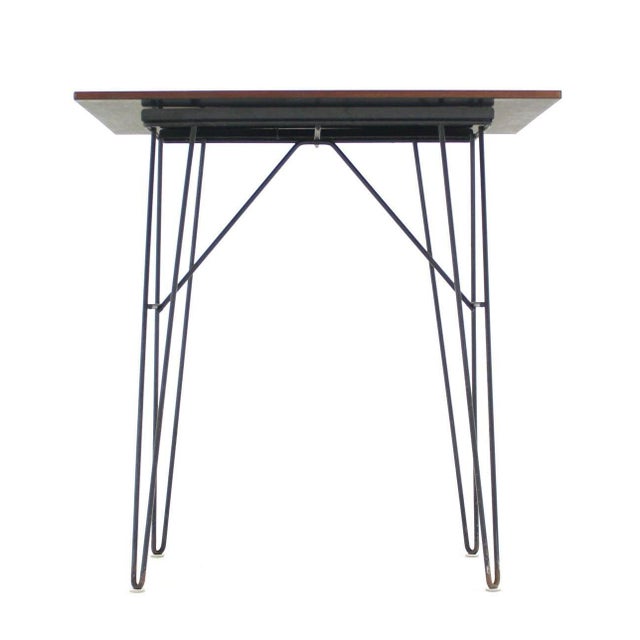 Wood Pair Teak Tops End Side Console Tables Stands Pedestals Tall Wire Legs MINT! For Sale - Image 7 of 8