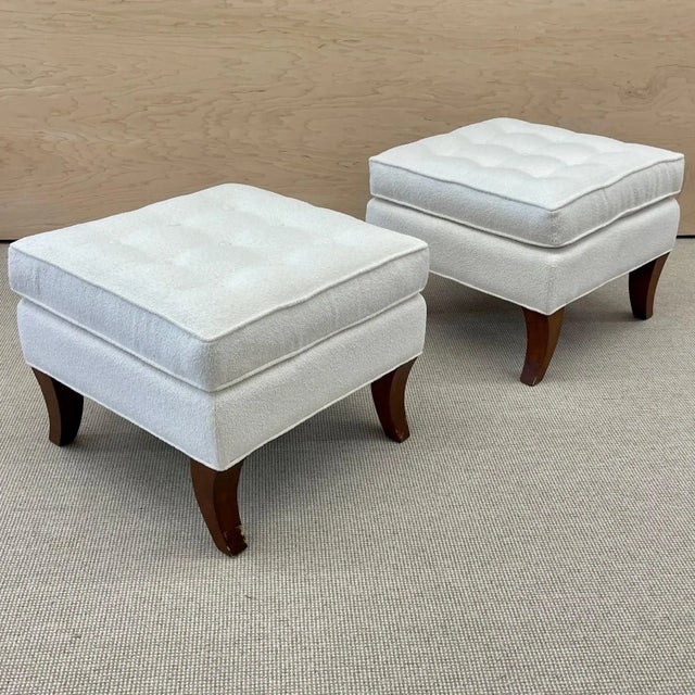 Mid-Century Modern American Designer Tufted Ottomans, Stools, Walnut, Bouclé Pair of Mid-Century stools or ottomans by an...
