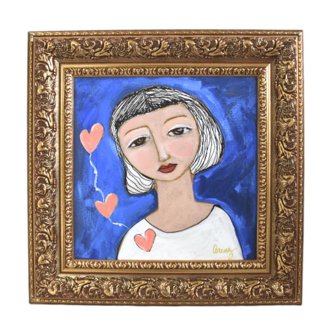 Woman Portrait Painting With Floating Hearts by Ruth Arenz Including the Antiqued Gold Frame For Sale In Los Angeles - Image 6 of 6