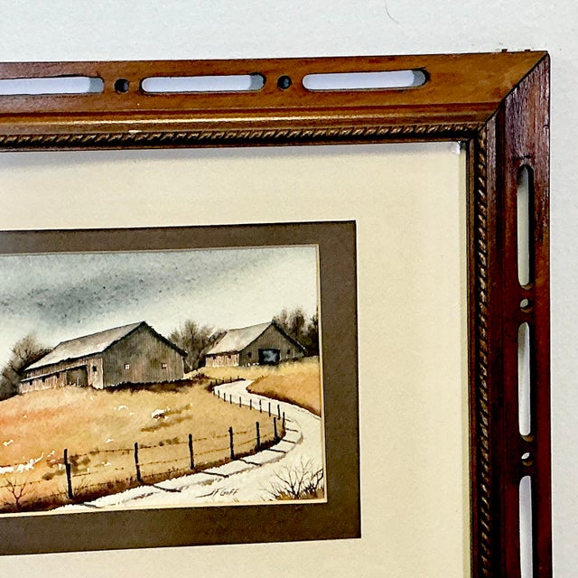 1970s 1970s Vintage Impressionist Arts & Crafts Farmhouse Original Watercolor Painting, Two Barns Landscape For Sale - Image 5 of 12