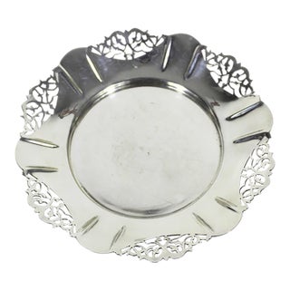 Vintage Small Silver Wine Bottle Coaster Tray Ruffled Edge, Round Silver Plated Dish With Pierced Cutout Details Trinket Pillar Candleholder For Sale