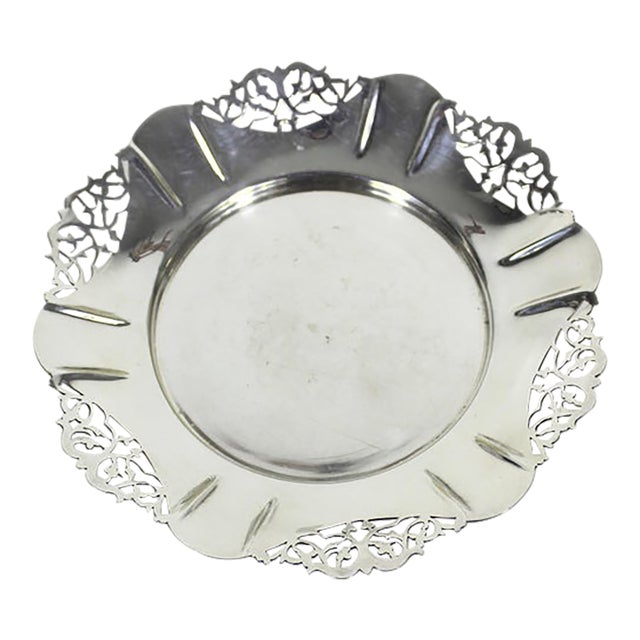 Vintage Small Silver Wine Bottle Coaster Tray Ruffled Edge, Round Silver Plated Dish With Pierced Cutout Details Trinket Pillar Candleholder For Sale