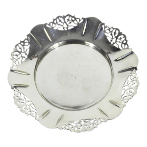 Vintage Small Silver Wine Bottle Coaster Tray Ruffled Edge, Round Silver Plated Dish With Pierced Cutout Details Trinket Pillar Candleholder