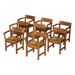 Danish Dining Chairs in Pine and Woven Paper Cord by Tage Poulsen, 1970s, Set of 8 For Sale