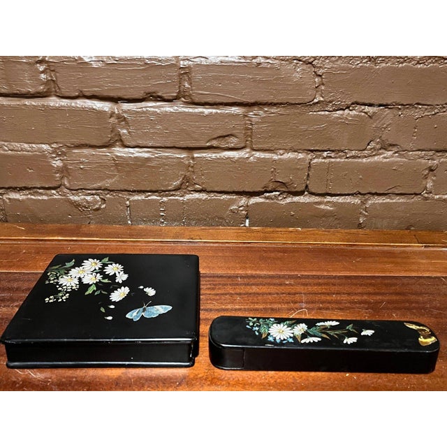 Antique Japanese Black Lacquer Box Set Daisy Butterfly Hand Painted Urushi For Sale In San Francisco - Image 6 of 13