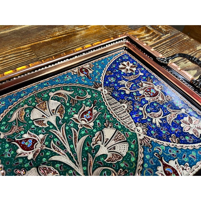 Traditional Carved Copper Tray with Handles For Sale - Image 6 of 11