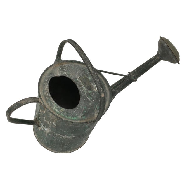 Metal Large Early 1900s Antique Steel & Brass 1 Gallon Garden Watering Can - Sprinkler With Nice Original Green Paint For Sale - Image 7 of 13