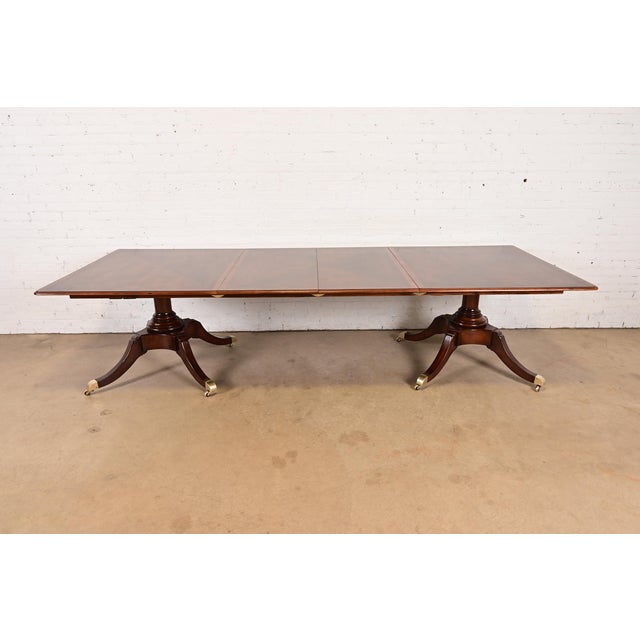 English Baker Furniture Style Georgian Banded Mahogany Double Pedestal Extension Dining Table, Newly Refinished For Sale - Image 3 of 11