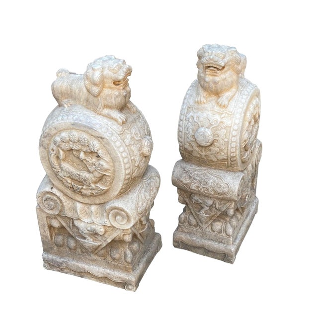 2010s Chinese Pair White Marble Stone Fengshui Foo Dogs Drum Statues For Sale - Image 5 of 9