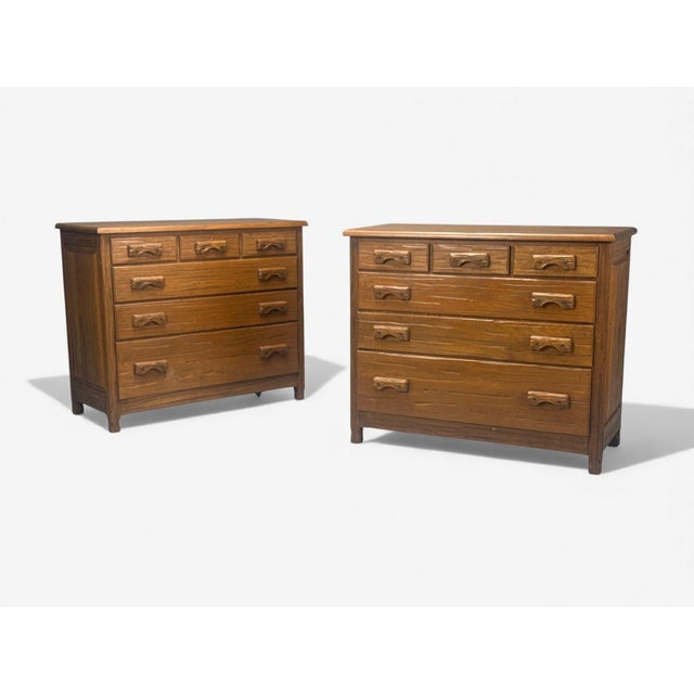 A. Brandt Ranch Oak, Mid-Century Modern, Oak, Dressers or Chest of Drawers, USA, 1950s A pair of substantial solid oak of...
