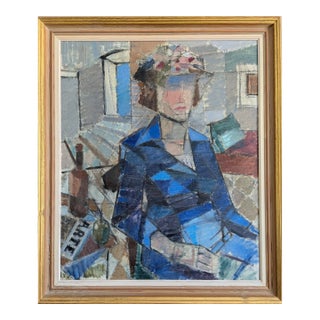 Mid-Century Modern 'Woman in a Blue Coat' Vintage Swedish Cubist Figurative Oil Painting, Framed For Sale