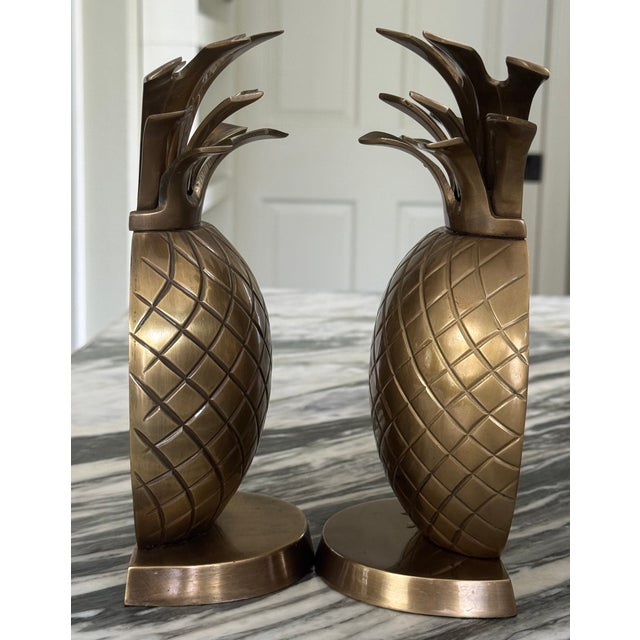 Hollywood Regency Vintage Brass Pineapple Book Ends - A Pair For Sale - Image 3 of 10