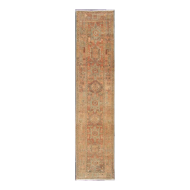 Soft Red or Salmon, Long Persian Heriz Runner With Geometric Medallions For Sale