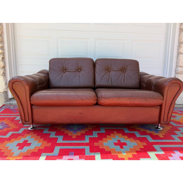 Vintage Danish Brown Leather Tufted Sofa / 2 Seater Lounge / Loveseat For Sale - Image 4 of 8