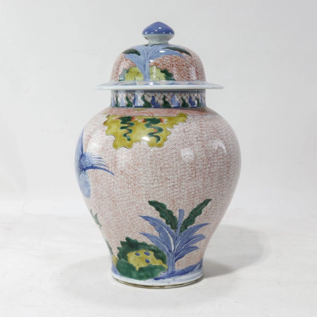 Chinese Pair of Chinese Late Qing Dynasty, Jingdezhen Kiln, Famille Verte Covered Jar With Kirin and Phoenix on Iron-Red Brocade Ground For Sale - Image 3 of 16