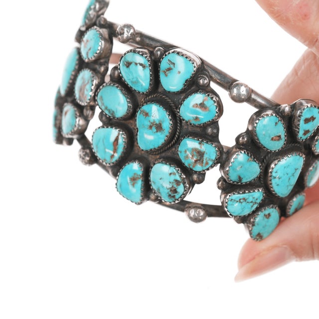 6.75" 40's-50's Navajo silver turquoise cluster cuff bracelet For Sale - Image 4 of 11