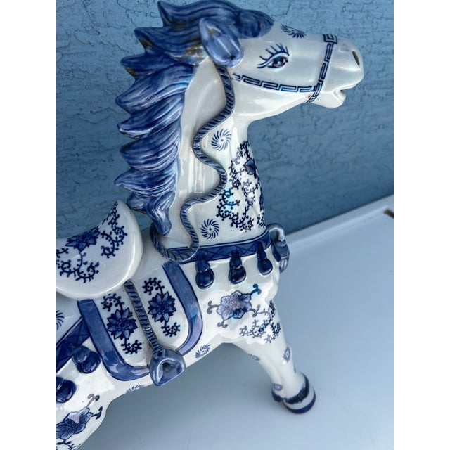 Ceramic Vintage Blue & White Ceramic Tang Dynasty War Horse For Sale - Image 7 of 12