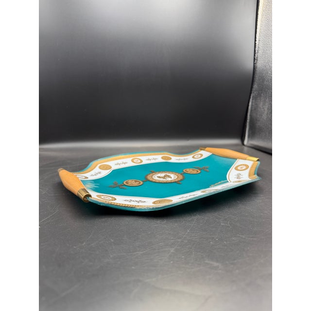 Mid-Century Modern Vintage MCM Georges Briard Teal & Gold Butterfly Curved Glass Tray W/ Wood Handles For Sale - Image 3 of 10