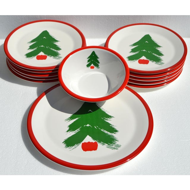 Mid-Century Modern Set 12 Pfaltzgraff Marimekko Oy Christmas Tree Red Band Design Dinnerware Late 20th Century For Sale - Image 3 of 16