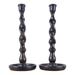 Antique English Oak Barley Twist Large Candlesticks For Sale
